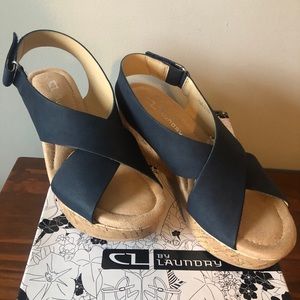 CL by Laundry Navy Nubuck Sling Wedges Sz 6.5